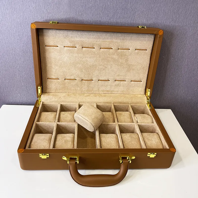 12 Slots Watch Organizer Brown Leather Box And Gift Case